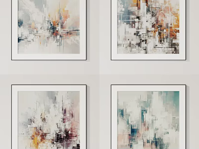 Four Abstract Paintings In White Frames On Wall With Modern Art Style 3d model