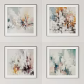 Four Abstract Paintings In White Frames On Wall With Modern Art Style