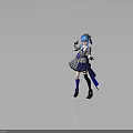 Blue Haired Character In Plaid Outfit With Bow Holding Small Animal Toy Against Gray Backdrop