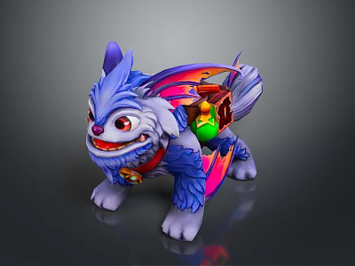 Blue Mythical Beast with Colorful Wings Red Eyes and Open Mouth 3D Rendering 3d model