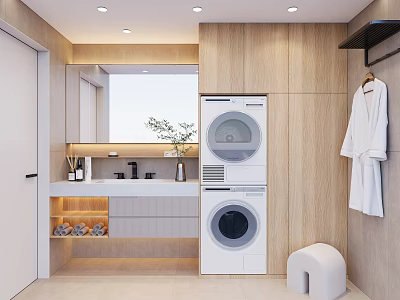Modern Bathroom Interior With Stacked Washing Machine Dryer Wooden Vanity And Bathrobe Storage 3d model
