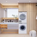 Modern Bathroom Interior With Stacked Washing Machine Dryer Wooden Vanity And Bathrobe Storage