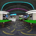Modern Billiard Room Interior With Wooden Tables Neon Lights Green Plants And Patterned Carpet