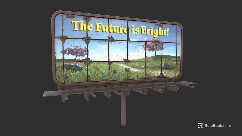 Rusty Billboard Displaying The Future is Bright With Green Grass Trees And Blue Sky 3d model 