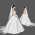 A Woman In White Strapless Wedding Dress With Long Veil Front And Back Views