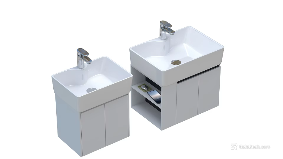 Two White Bathroom Washbasins with Silver Faucets and Open Storage Cabinets 3d model 
