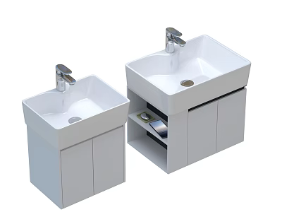 Two White Bathroom Washbasins with Silver Faucets and Open Storage Cabinets 3d model