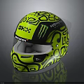 Racing Car Helmet in Neon Yellow With Black Patterns Featuring Monster KORDA OKX Logos