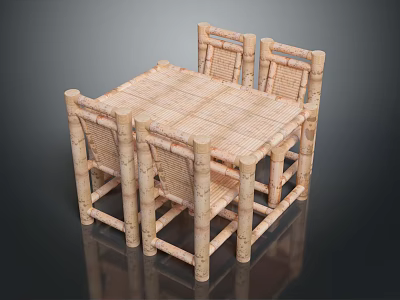 Rustic Wooden Dining Table Set With Cylindrical Legs And Woven Rattan Seats 3d model