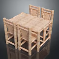 Rustic Wooden Dining Table Set With Cylindrical Legs And Woven Rattan Seats
