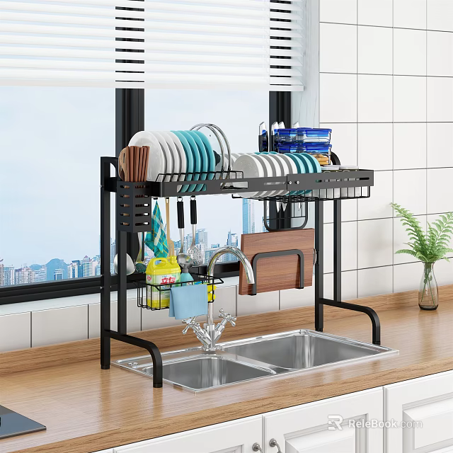 Modern Kitchen Cabinet With Black Dish Rack Sink Dishes And Wooden Countertop 3d model 