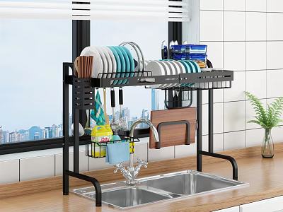 Modern Kitchen Cabinet With Black Dish Rack Sink Dishes And Wooden Countertop 3d model