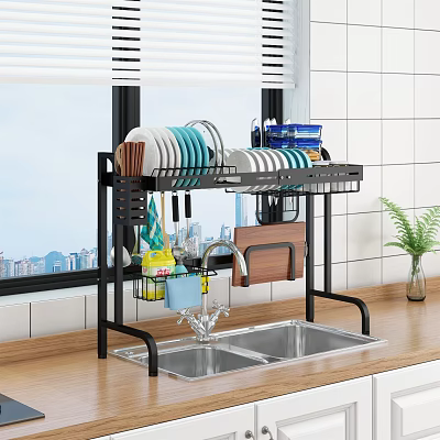 Modern Kitchen Cabinet With Black Dish Rack Sink Dishes And Wooden Countertop 3d model