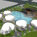 Modern Sales Office Building Exterior With Circular Roofs And Surrounding Trees