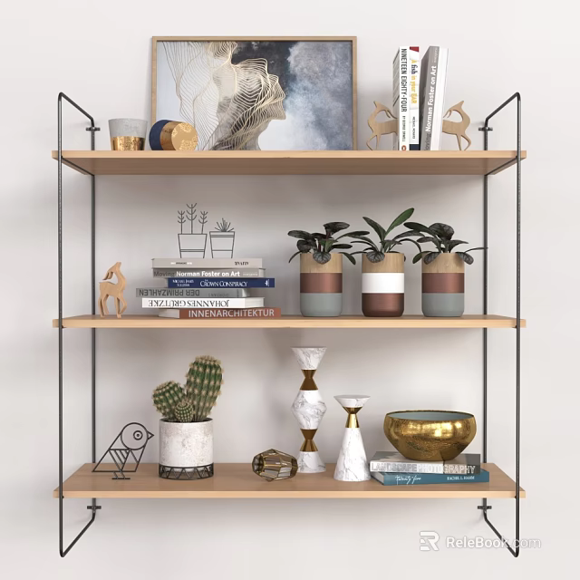 Modern Wooden Wall Cabinet With Metal Frame Three Tier Shelves Decorative Plants Books And Vases 3d model 
