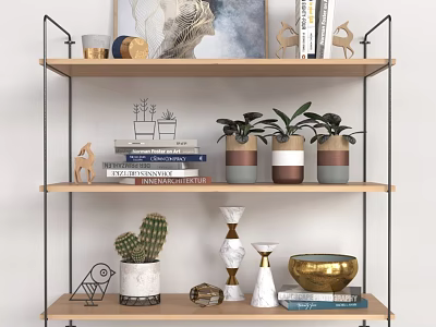Modern Wooden Wall Cabinet With Metal Frame Three Tier Shelves Decorative Plants Books And Vases 3d model