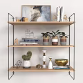 Modern Wooden Wall Cabinet With Metal Frame Three Tier Shelves Decorative Plants Books And Vases