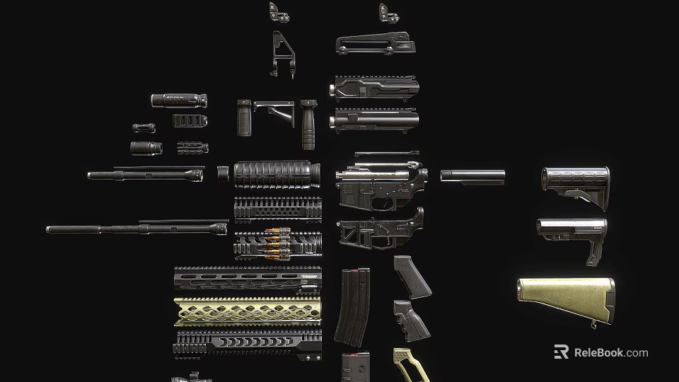 Weapon Parts Collection Featuring Gun Components Magazines Barrels And Sights 3d model 