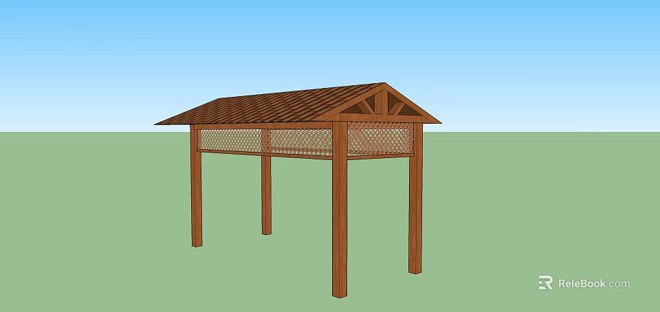 Outdoor Wooden Pergola With Triangular Roof Four Support Posts And Lattice Sides 3d model 