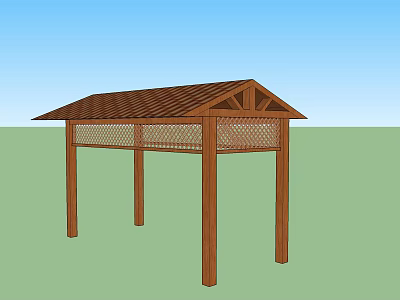 Outdoor Wooden Pergola With Triangular Roof Four Support Posts And Lattice Sides 3d model