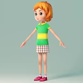 Animated Game Character Girl With Orange Hair Green Yellow Striped Shirt And Plaid Skirt