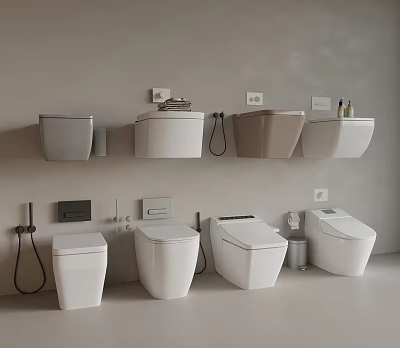 Modern Bathroom Toilets Display With Wall Mounted And Floor Standing Styles In Neutral Colors 3d model