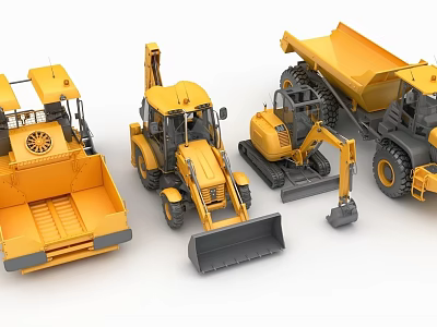 Various Types Of Yellow Construction Utility Vehicles Including Bulldozer Excavator And Dump Truck 3d model