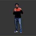 Man In Red Black Sweater Blue Jeans Blue Sneakers In Boxing Stance On Gray Background