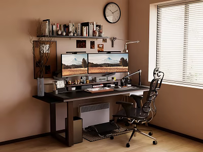 Desk Setup With Dual Monitors Bookshelf Clock Desk Lamp Office Chair And Window Blinds 3d model