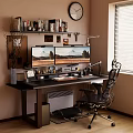 Desk Setup With Dual Monitors Bookshelf Clock Desk Lamp Office Chair And Window Blinds