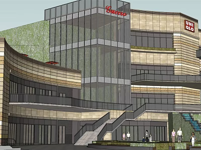Modern Commercial Street Featuring Glass Curtain Walls Multi Storey Buildings And Brand Stores 3d model