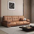 Modern Brown Leather Sofa Set with Abstract Painting Coffee Table and Window 3d model