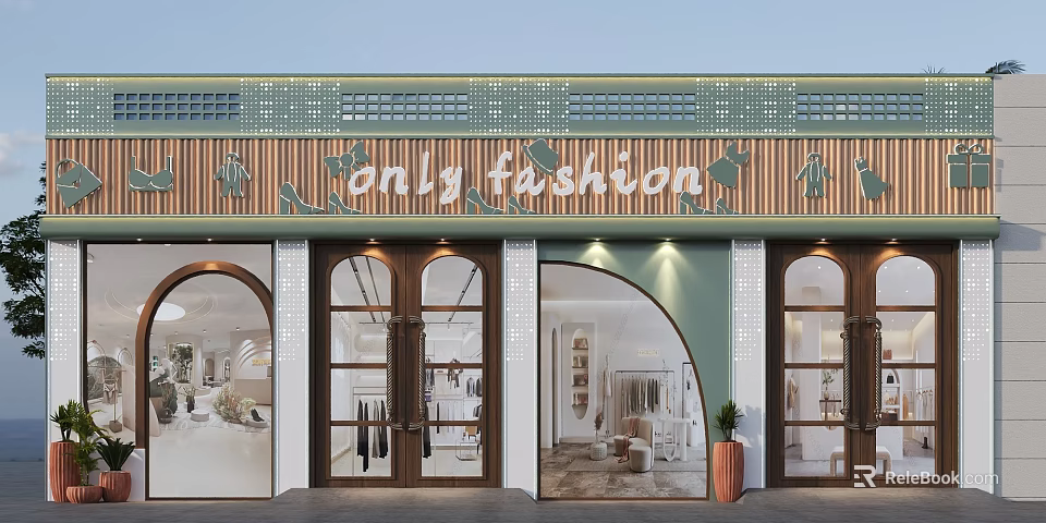 Modern Fashion Storefront Facade With Wooden Accents Green Trim Arch Windows And Lighting 3d model 