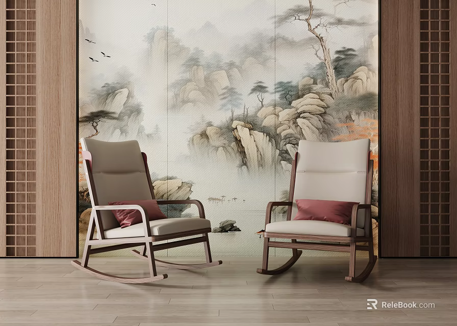 Two Comfortable Rocking Chairs With Pink Cushions And Chinese Landscape Painting Backdrop 3d model 