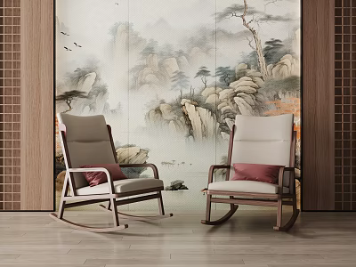 Two Comfortable Rocking Chairs With Pink Cushions And Chinese Landscape Painting Backdrop 3d model