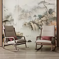 Two Comfortable Rocking Chairs With Pink Cushions And Chinese Landscape Painting Backdrop