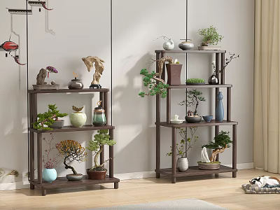 Traditional Decorative Cabinets With Potted Plants Vases Greenery And Small Ornaments 3d model