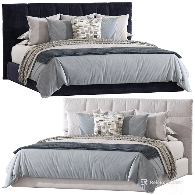 Modern Double Bed Design With Gray Bedding Multiple Pillows And Upholstered Headboard 3d model