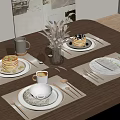 Elegant Dining Table Setting Featuring Pancakes Coffee Cup And Cutlery Decor 3d model