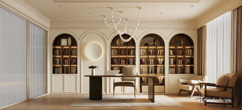 Elegant Modern Study Room Interior With Arched Bookshelves And Chandelier 3d model 