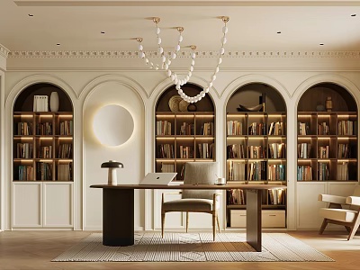 Elegant Modern Study Room Interior With Arched Bookshelves And Chandelier 3d model
