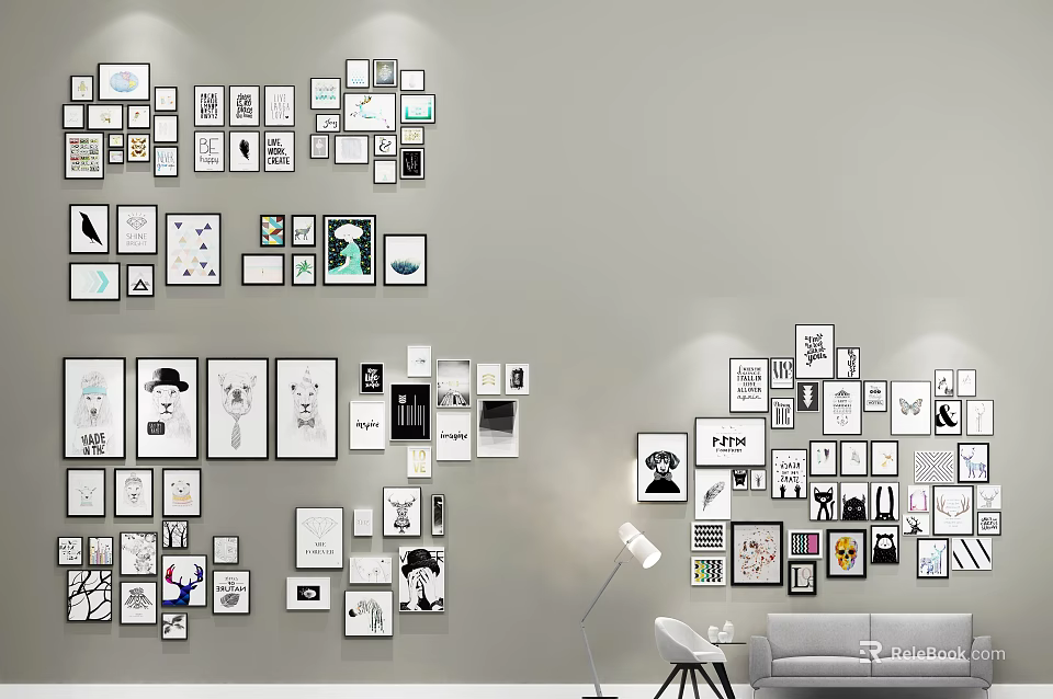 Modern Photo Wall Decor With Various Frames Black White Colorful Photos Artworks In Living Room 3d model 