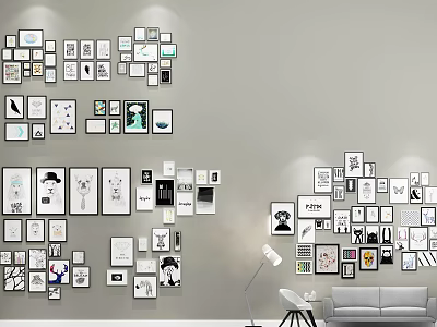 Modern Photo Wall Decor With Various Frames Black White Colorful Photos Artworks In Living Room 3d model
