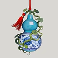Traditional Chinese Gourd Shaped Hanging Decoration with Blue and White Porcelain Green Vines Red Tassel