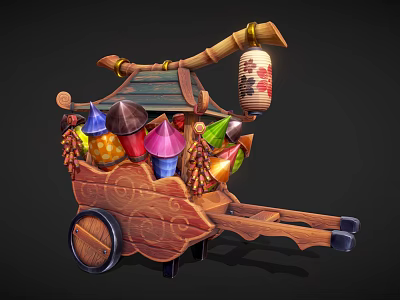 Decorative Wooden Cart With Colorful Cone Shaped Items And Hanging Lantern 3d model