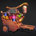 Decorative Wooden Cart With Colorful Cone Shaped Items And Hanging Lantern