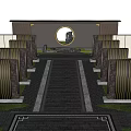Elegant Landscaped Feature Wall Pathway With Tall Trees And Residential Building