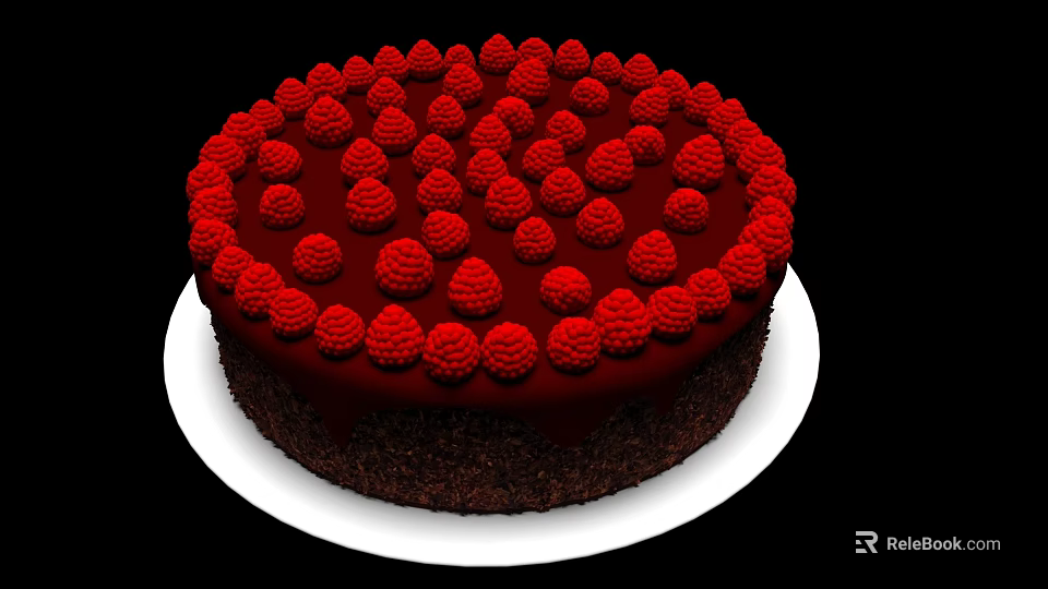 Rich Chocolate Cake Decorated with Juicy Raspberries on White Serving Plate 3d model 