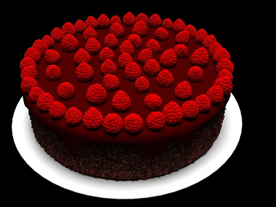Rich Chocolate Cake Decorated with Juicy Raspberries on White Serving Plate 3d model