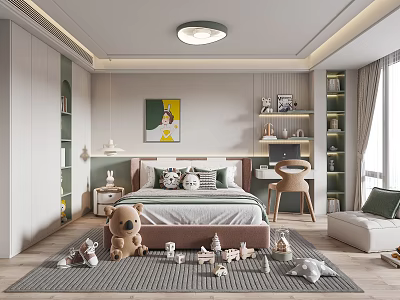 Modern Kids Bedroom With Plush Toys And Bookshelves 3d model